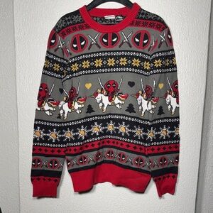 Marvel Deadpool Patterned Gray and Red Crewneck “Ugly” Sweater